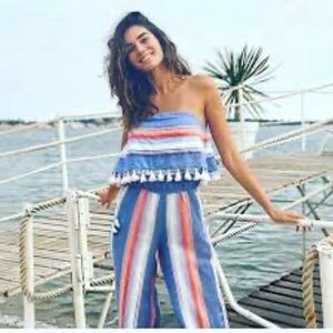 Saylor Striped Red, White and Blue Ruffle and Tassel Accent Strapless Jumpsuit
